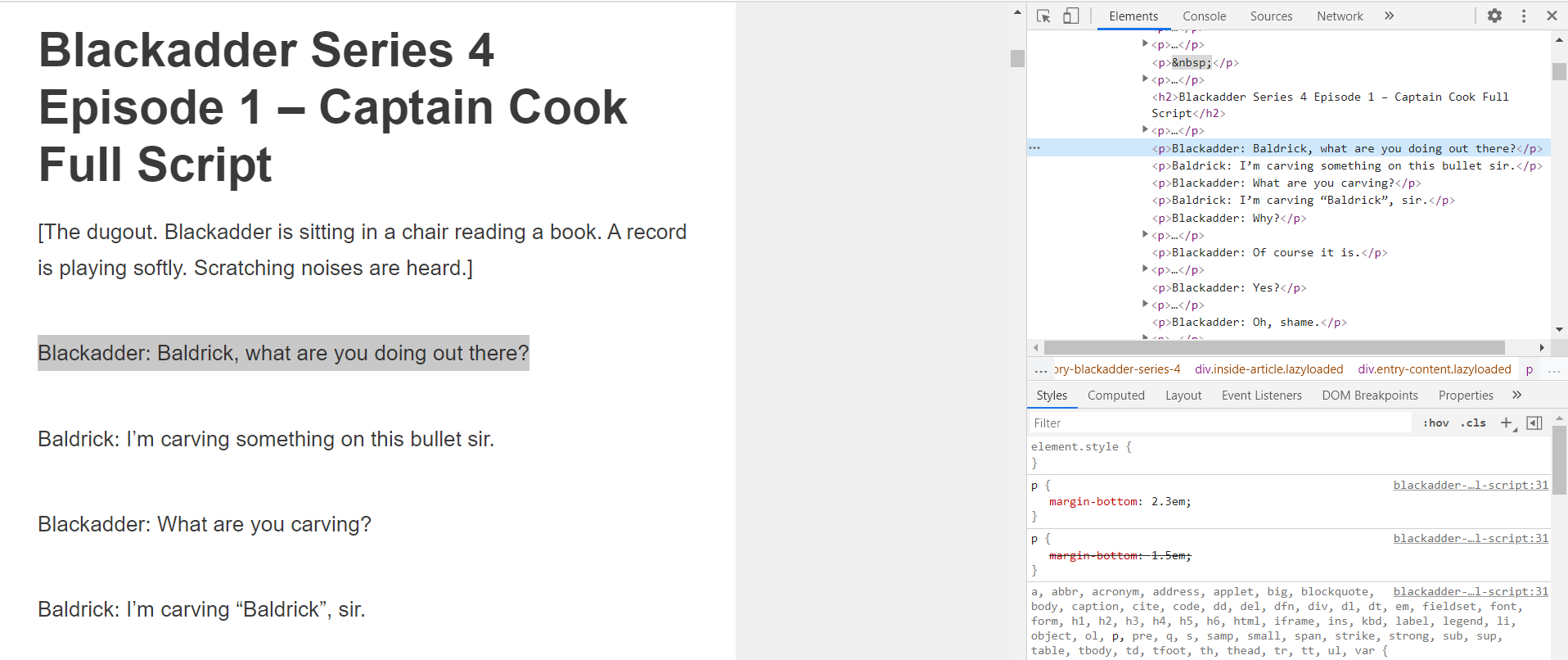 Inspecting the HTML around the script paragraphs
