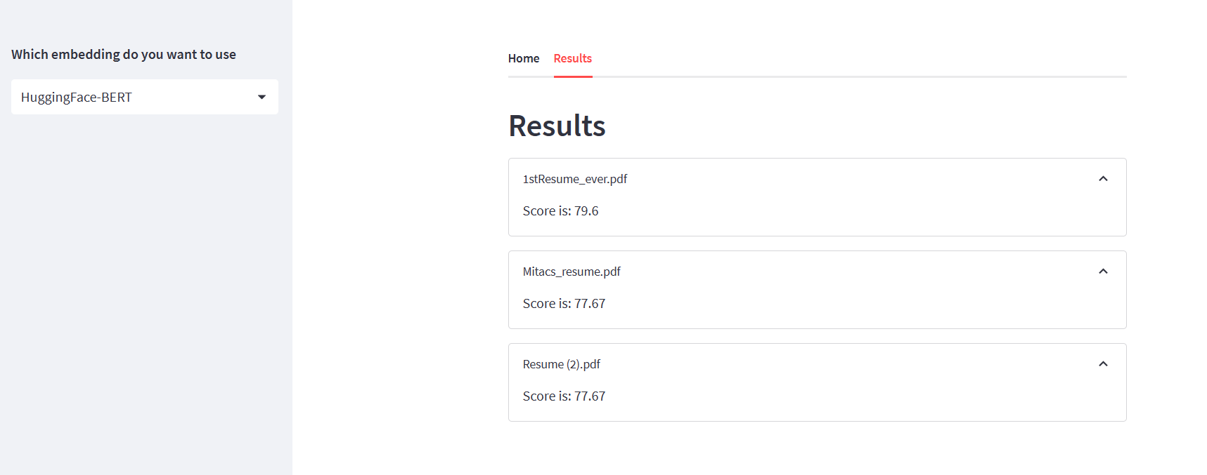 Applicant Tracking System results interface showing a resume match score